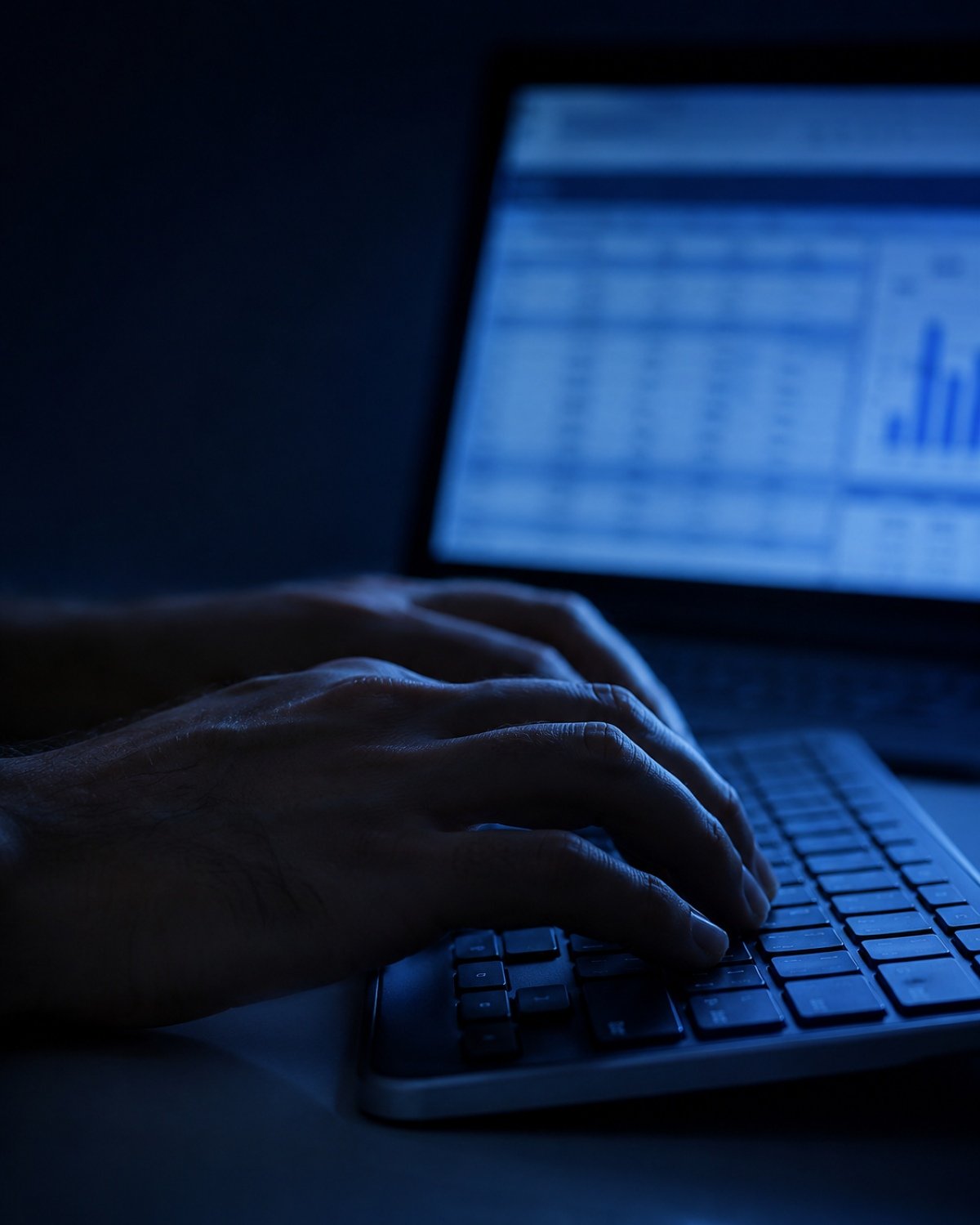 Mãos digitando no teclado com a planilha aberta na tela ao fundo
